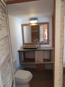 a bathroom with a sink and a toilet and a mirror at Takina house in Santana