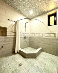 a bathroom with a shower with a tub in it at Guesthouse Mtkvari in Nak'alak'evi