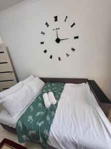 River park في ألماتي: ساعة معلقة على جدار فوق سرير