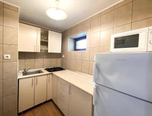 Una cocina con un refrigerador blanco y un microondas. en Vila Alunis 1, en Bran