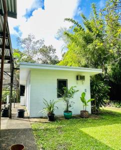 a small white house with plants in the yard at Bamboo Cabin in Kuranda