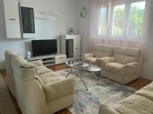 a living room with two couches and a tv at Mediterranean Olive WaterfallsKRKA-Croatia in Gulin