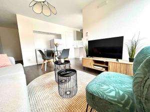 een woonkamer met een bank en een flatscreen-tv bij T1bis avec terrasse et parking privés LE MIAMI in Perpignan