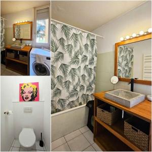 twee foto's van een badkamer met een wastafel en een spiegel bij Ovalie ! Grand appart. 6 couchages avec parking in Montpellier