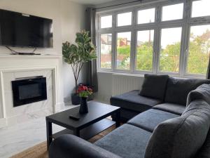ein Wohnzimmer mit 2 Sofas und einem Kamin in der Unterkunft Highfield Home with free parkings, Surbiton, Kingston upon Thames, Surrey, Greater London , UK in Surbiton