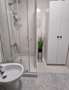 a bathroom with a shower and a toilet and a sink at TorreSol Apartment in Torrevieja