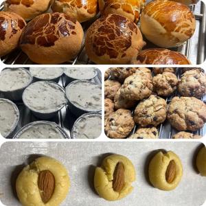 a group of four pictures of different types of bread at Hôtel Au Feu De Bois bar à vin le 1605 in Autrans