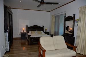 1 dormitorio con cama, silla y espejo en Chez Antoine Apartments, en Grand Anse