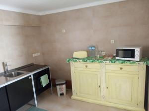 a kitchen with a counter with a microwave and a sink at Casa Katze, 2 dormitorios, céntrica, playa y descanso in Carboneras