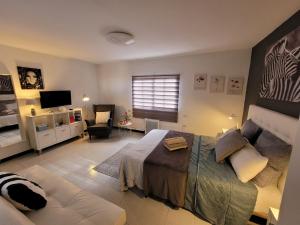 Valles de OrtegaにあるApartamento Arribaのベッドルーム(ベッド1台、ソファ、テレビ付)