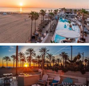バレンシアにあるLa casita azul de la playaのプールとビーチのあるリゾートの写真2枚