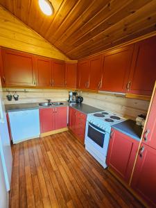 a kitchen with red cabinets and a white stove at Nice Sirdal Bungalow in Ådneram 