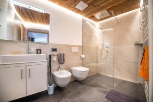 W łazience znajduje się toaleta, umywalka i prysznic. w obiekcie Apartments Smidl w mieście Ortisei