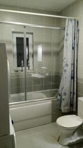 a bathroom with a shower and a toilet and a sink at A Scenic villa near Airport in Büyükçekmece