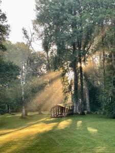 een bank in het midden van een veld met bomen bij Apertins Hotell in Kil