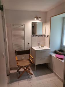 ein Badezimmer mit einem Waschbecken und einem Stuhl darin in der Unterkunft La dépendance, petite maison au calme in Vallon-sur-Gée