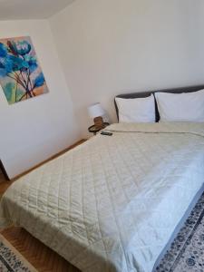 una camera da letto con un letto con un piumone bianco di Apartament Central a Gherla Altre 6 foto
