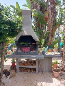 a outdoor oven with logs and plants in a yard at Elorina Sicily Home in Siracusa
