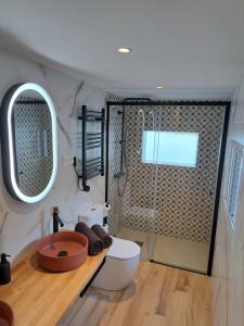 a bathroom with a shower and a toilet and a sink at Hotel Artetxe in Bilbao