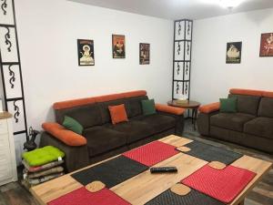 ein Wohnzimmer mit einem Sofa und einem Tisch in der Unterkunft CASA de VIS in Sinaia