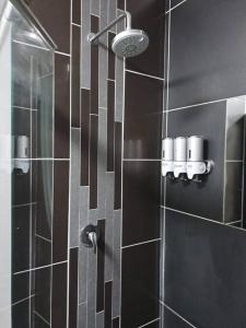 Łazienka z prysznicem wyłożona jest czarnymi kafelkami. w obiekcie Mossie Nes - Self Catering w mieście Bloemfontein