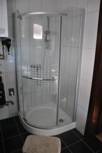 een douche met een glazen deur in de badkamer bij Panyi Apartman in Siófok