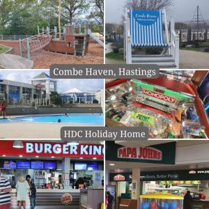 een collage van vier foto's van verschillende winkels bij Haven Dreams Caravan in Hastings