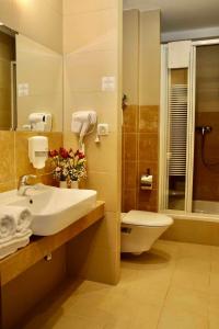 een badkamer met een wastafel, een toilet en een spiegel bij Hotel Tęczowy Młyn in Kielce