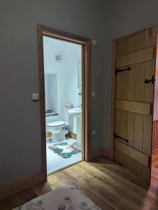 a bathroom with a toilet and a sink and a door at The cottage in Alston