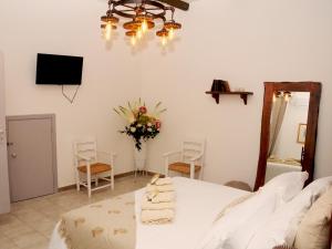 1 dormitorio con mesa, espejo y TV en Il Rifugio dell'Aspide, en Roccadaspide