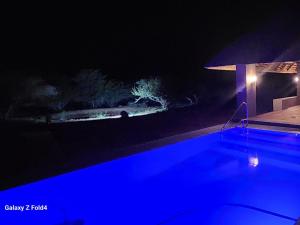 uma vista nocturna para uma piscina com luzes azuis em Thandolwami Bushlodge & Spa em Hoedspruit