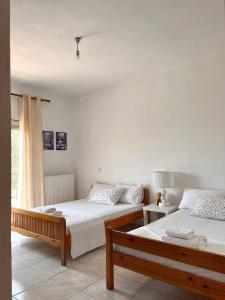 two beds sitting next to each other in a bedroom at Dimitra House Entire apartment with balcony and view in Pherrai