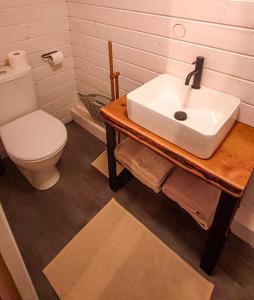 uma casa de banho com um lavatório branco e um WC. em Tiny House em Chvalšiny