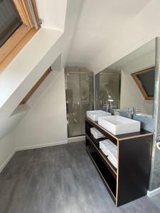 a bathroom with a sink and a shower at Fietsloft - Bicycle loft in Oudenaarde