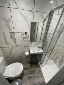 a bathroom with a toilet and a sink and a shower at Letzi Private En-Suite, Near Heathrow Airport T3 in Hayes