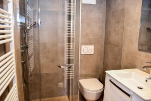 a bathroom with a shower and a toilet and a sink at Astn Hütten - Königsleiten - Ferienwohnungen in Königsleiten