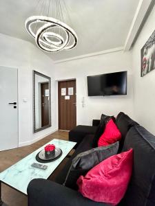 a living room with a black couch and red pillows at Apartament z jacuzzi in Kraków