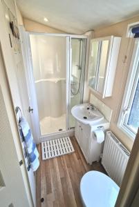 La petite salle de bains est pourvue d'une douche et d'un lavabo. dans l'établissement Wonderful 2 bedroom mobile home, à Aberystwyth