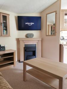 sala de estar con chimenea y TV en la pared en Wonderful 2 bedroom mobile home en Aberystwyth