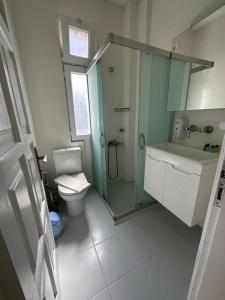 a bathroom with a shower and a toilet and a sink at Cicek Apart Hotel in Çeşme
