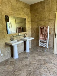een badkamer met 2 wastafels en een spiegel bij Chez Jallot in Vidaillat