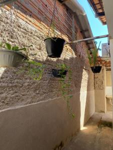 uma parede de tijolos com três vasos de plantas em Recanto Sonho - PX do Centro de Palmas e Aromaterapia em Palmas