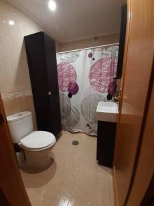 La salle de bains est pourvue de toilettes et d'un lavabo avec des parasols. dans l'établissement Apartamento El Horrín ( Colunga ), à Colunga