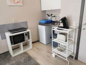 a small kitchen with a microwave and a sink at Les petits nids de Nina 2 in Fosses-La-Ville