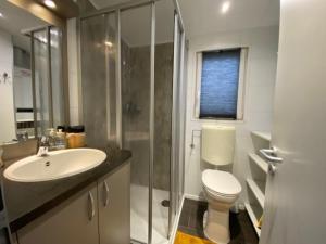a bathroom with a toilet and a sink and a shower at Villetta Verde in Heusden