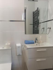 Baño blanco con lavabo y aseo en Cervante Apartment, en Alcalá de Henares
