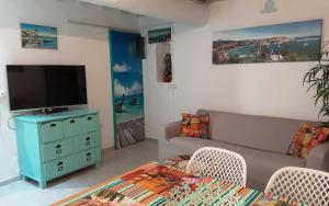 un salon avec un canapé et une télévision dans l'établissement Appartement typique 2 étoiles avec clim, à Collioure