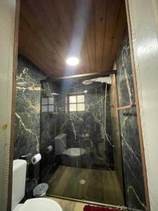 a bathroom with a glass shower with a toilet at Chale Sabrina in Campos do Jordão