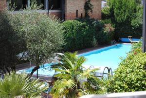uma grande piscina azul com árvores e plantas em Hotel Capriccio em Cervia
