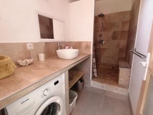 ein Badezimmer mit Waschbecken und Waschmaschine in der Unterkunft Hacienda, villaT4 de 110m2 proche de St Florent in Patrimonio
